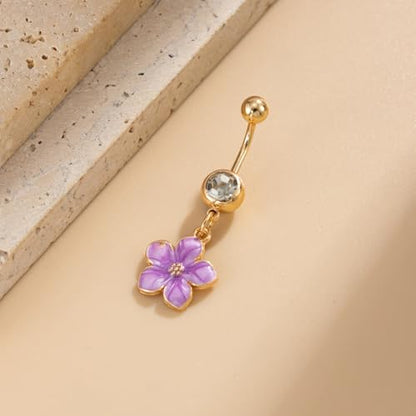Flower Belly Button Ring for Women 14K Gold Plated Cubic Zirconia Navel Piercing Jewelry Stainless Steel CZ Crystal Charm Belly Ring Hypoallergenic Belly Bar for Women - color: Purple