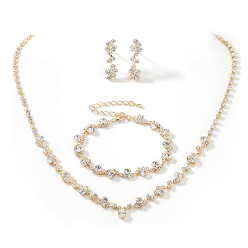 Unicra Bride Crystal Necklace Earrings Set Bridal Wedding Jewelry Sets Rhinestone Choker Necklace Costume Jewelry Set for Women and Brides - color: Gold Necklace Bracelet Earrings