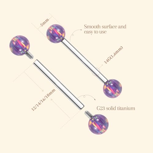 AROWRO Nipple Piercing Jewelry G23 Titanium Nipple Rings Tongue Rings Nipple Bar 14G Internally Threaded Straight Barbells Bridge Piercing Jewelry 12mm-20mm - color: Silver+Purple Opal