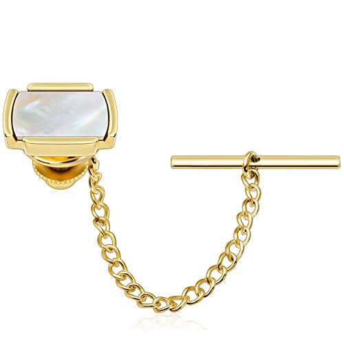 HAWSON Tie Pins Tie Tacks for Men with Chain, Mens Jewelry or Accessories for Wedding Birthday Anniversary Christmas Valentine's Day - color: Gold + MOP