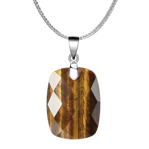 iSTONE 925 Sterling Silver Natural Crytral for Womens Pendant Necklace, Gemstone Birthstone with 17.8" Silver Chain Ladies - color: Rectangle - Tiger's Eye