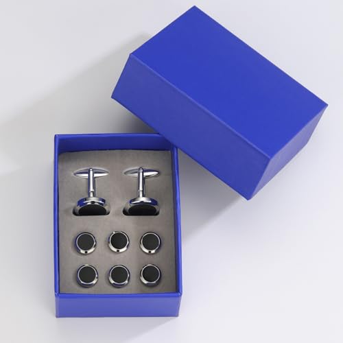 Mens Cufflinks and Tuxedo Shirt Studs Set with Gift Box - color: Silver/Black-01