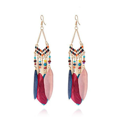 Faux Feather Fringe Tassel Long Dangle Earrings for Women | Bohemian Women Tassel Drop Jewelry - color: colorful