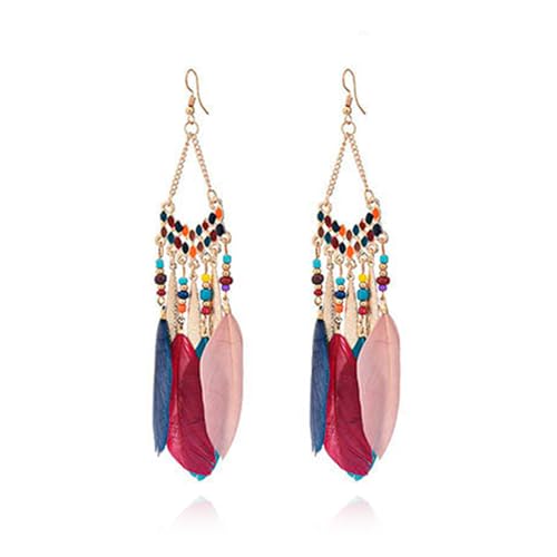 Faux Feather Fringe Tassel Long Dangle Earrings for Women | Bohemian Women Tassel Drop Jewelry - color: colorful