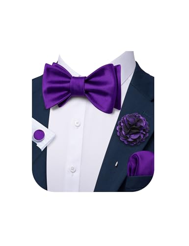 YOHOWA Bow Ties for Men Self-tied Silk Bowtie Solid Color with Lapel Pin and Handkerchief Cufflinks for Wedding Party Prom - color: Soild a Deep Purple