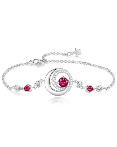 FANCIME Birthstone Bracelets 925 Sterling Silver Moon and Star Bangle Charm Bracelet Fine Jewelry Anniversary Birthday Mothers Day Gifts for Mom Her Women, Adjustable Chain 6.7"+1.2" Extend - color: link-7-ruby
