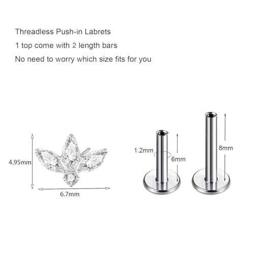 G23 Titanium Flat Back Earrings Studs 20g 18g 16g F136 Titanium Labrets Press Fit Threadless Push In Dainty Cartilage Helix Conch Lobe Lip Tragus Piercing Jewelry Push Back - style: 3 Stud-clear