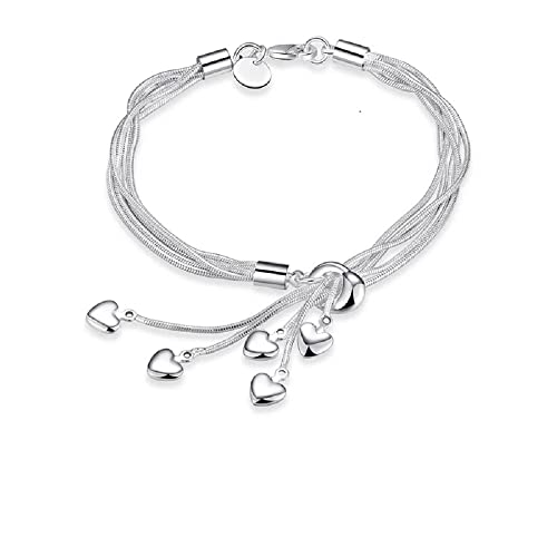 925 Sterling Silver Multi-Strand Five Heart Charm Bracelet, 5 Dangling Hearts, Silver