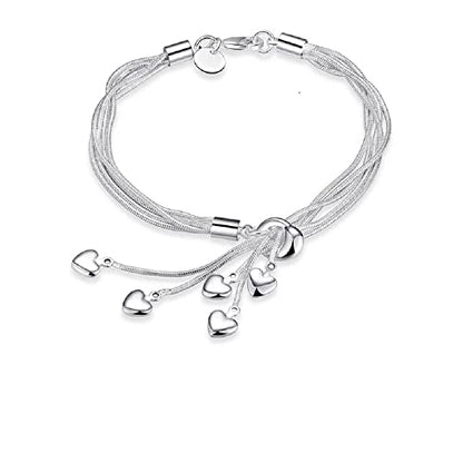 925 Sterling Silver Multi-Strand Five Heart Charm Bracelet, 5 Dangling Hearts, Silver