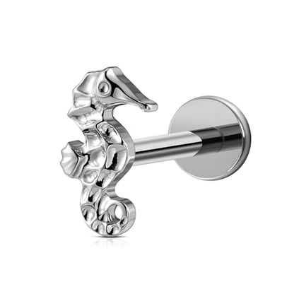 FINE4U 1PC 16G ASTM F136 Titanium Octopuses Piercings Jewelry with 6mm 8mm Post for Conch Helix Flat Labret 16G 6mm 8mm - color: Seahorses - Tit