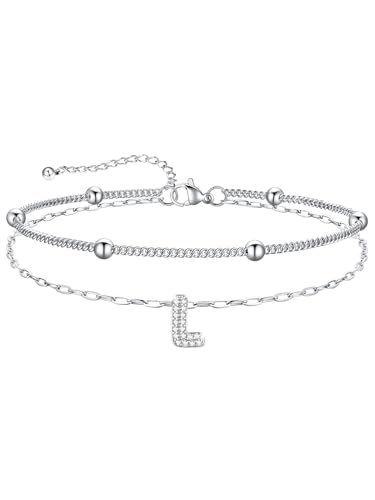 U7 Initial Ankle Bracelets for Women Silver/Gold Anklets Waterproof, 14K Gold Plated Layered Anklets Bracelet Stainless Steel Hypoallergenic 8.5"-10.5" - color: Silver-CZ, size: Large