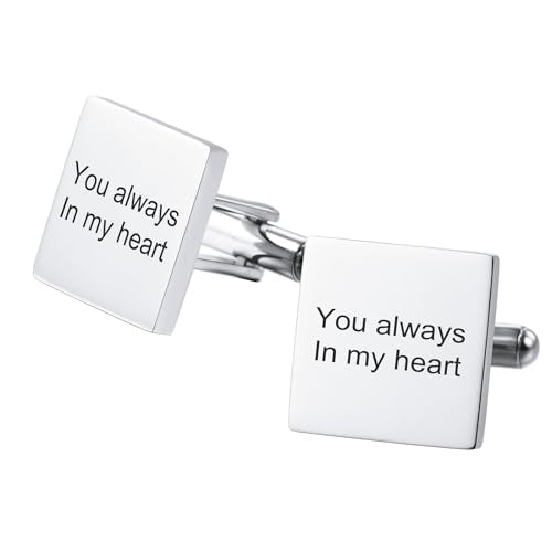 Classic Stainless Steel Cufflinks for Men Personalized Initial/Date/Photo Silver Mens Cufflinks Gift for Husband Groomsmen Groom Father of the Bride - color: Square (Text)