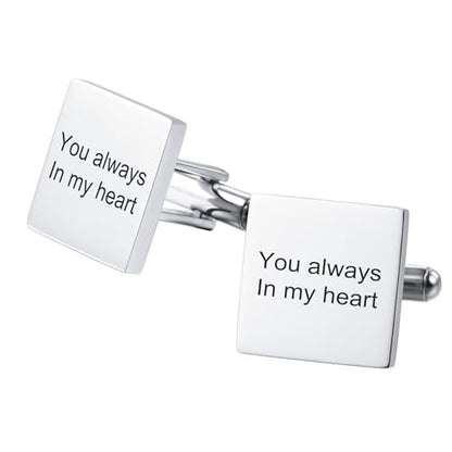 Classic Stainless Steel Cufflinks for Men Personalized Initial/Date/Photo Silver Mens Cufflinks Gift for Husband Groomsmen Groom Father of the Bride - color: Square (Text)