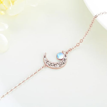 Moon Bracelet for Women 925 Sterling Silver Moonstone/Birthstone Moon Bracelet Butterfly/Dragonfly Bracelet Celtic Moon Butterfly Dragonfly Jewelry Gifts for Women - style: Moonstone-Rose Gold Plated