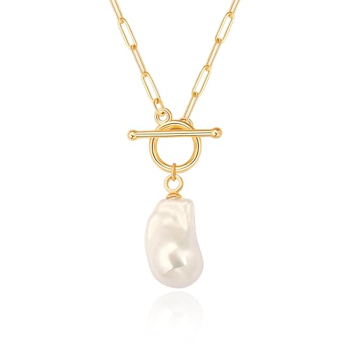 Aobei Pearl 18K Gold Plated Moon Star Lion Evil Eye Love Heart Cross Pendant Necklace Medallion Paperclip Chian Choker Layering Jewery for Women - color: White Baroque Pearl