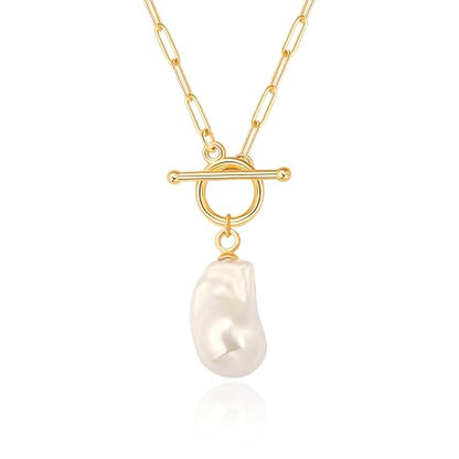 Aobei Pearl 18K Gold Plated Moon Star Lion Evil Eye Love Heart Cross Pendant Necklace Medallion Paperclip Chian Choker Layering Jewery for Women - color: White Baroque Pearl