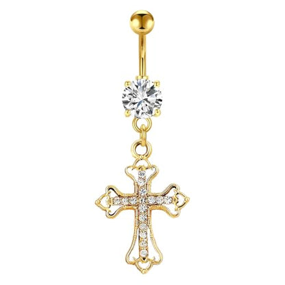 VERAMI 14G 316L Celtic Cross Belly Button Ring Surgical Steel Paved Gems Dangling Belly Button Ring Body Piercing Jewelry - color: Gold:C-5