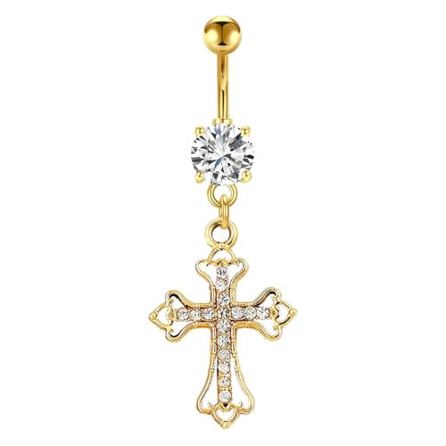 VERAMI 14G 316L Celtic Cross Belly Button Ring Surgical Steel Paved Gems Dangling Belly Button Ring Body Piercing Jewelry - color: Gold:C-5