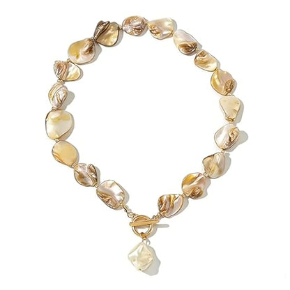 Chunky Shell Choker Necklace for Women,Natural Irregular Pearl Beaded Beach Necklaces,OT Buckle Pearl Pendant Choker,Bohemian Beach Necklace,Summer Beach Vacation Jewelry Gift for Women - color: Amber
