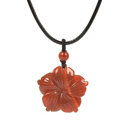 Justinstones Hand Carved Healing Crystals Gemstone Hawaii Flower Pendant Hand Weaving Wax Rope Necklace 22 inch - color: Red Agate