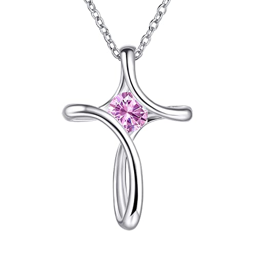 Cross Necklace for Women 925 Sterling Silver Birthstone Necklace for Women | Silver Necklaces with Diamond Sideways Birthstone Jewelry Gifts for Women 45+3cm Adjustable Chain - color: 10-Oct-Tourmaline