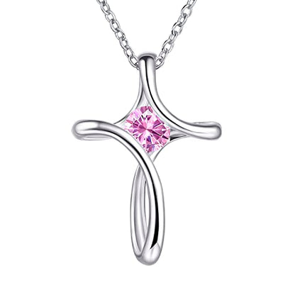 Cross Necklace for Women 925 Sterling Silver Birthstone Necklace for Women | Silver Necklaces with Diamond Sideways Birthstone Jewelry Gifts for Women 45+3cm Adjustable Chain - color: 10-Oct-Tourmaline