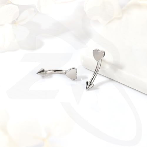 ZS 2 Pairs Stainless Steel Eyebrow Rings, 16G Curved Belly Rings Navel Barbell Helix Daith Tragus Earrings, 8/10mm Spike Vertical Labret Lip Piercing Jewelry - color: Silver,Heart-L:8/10mm