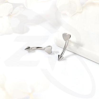 ZS 2 Pairs Stainless Steel Eyebrow Rings, 16G Curved Belly Rings Navel Barbell Helix Daith Tragus Earrings, 8/10mm Spike Vertical Labret Lip Piercing Jewelry - color: Silver,Heart-L:8/10mm