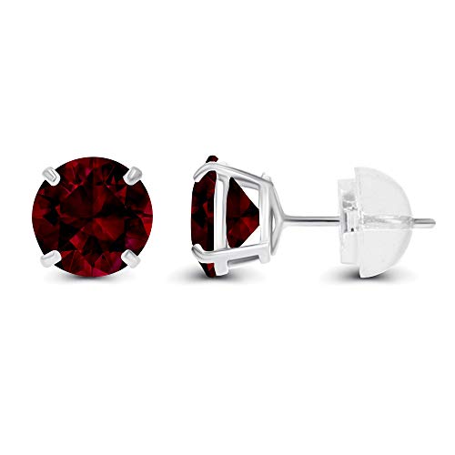 Solid 14K Yellow, White or Rose Gold 4mm Round Genuine Gemstone Birthstone Prong Set Stud Earrings For Women - color: Garnet