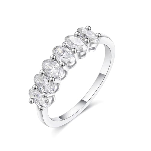 IMOLOVE Oval 6 Stone Moissanite Wedding Bands for Women Sterling Silver | 1.5 CT total, 6 D-color VVS1 oval moissanite; shared-prong wedding band in white gold plated 925 sterling silver.