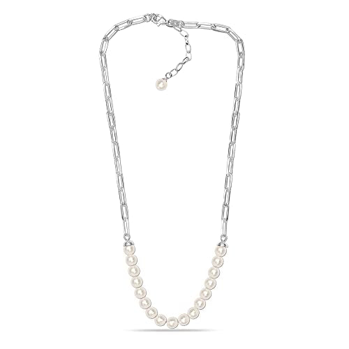 LeCalla 925 Sterling Silver Pearl Necklace Jewelry | Strand Wedding Prom Bridal Pearls Jewelry | Trendy Hypoallergenic Simulated Pearl Pendant Necklace for Women - color: PaperClip Pearl Necklace