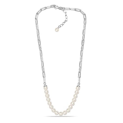 LeCalla 925 Sterling Silver Pearl Necklace Jewelry | Strand Wedding Prom Bridal Pearls Jewelry | Trendy Hypoallergenic Simulated Pearl Pendant Necklace for Women - color: PaperClip Pearl Necklace