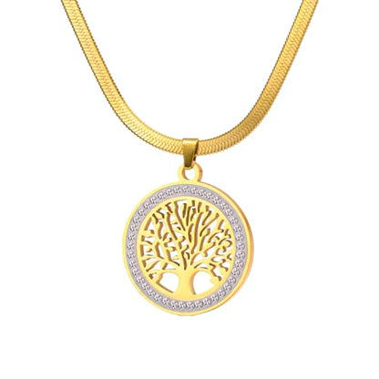 Dreamtimes Tree of Life Necklace for Women Stainless Steel Gold Color Clear Zircon Round Pendant Neck Chains Family Tree Fashion Charm Luxury Jewelry Wedding Gift - color: GOLD-2