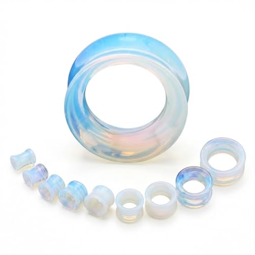 Hollow Tunnels Opalite Organic Stone Ear Plugs Gauges Sold in Pairs - style: 6MM-2 GAUGE