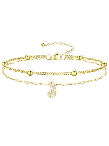 Richsteel Initial Ankle Bracelets for Women Waterproof, 14K Gold Plated/Silver Stainless Steel Anklets, Dainty Adjustable Layered Anklets with Bubble Letter, Non Tarnish Summer Beach Jewelry with Gift Box - color: J-Gold-Plated