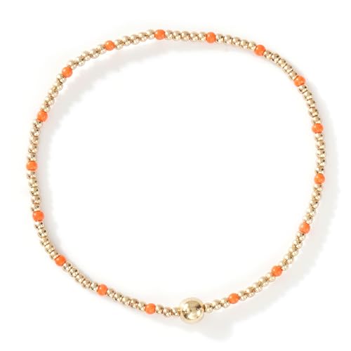 Gold Small Ball Seed Bead Stackable Bracelets Set For Women, Stretch Accessories Handmade Dainty, Daily Party Friendship Gift - color: Orange