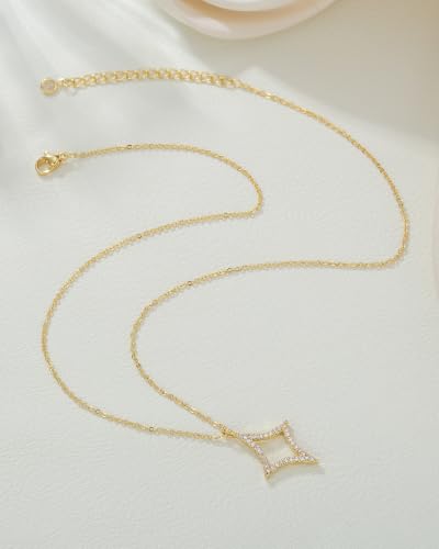 Gold Necklace for Women, 14K Gold Plated Cubic Zirconia Pendant Necklace, Dainty Heart Moon Circle Paperclip Jewelry for Layering, Everyday Birthday Gift - color: Gold Hollow Star