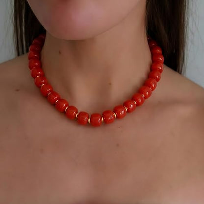 Chunky Beaded Necklace for Women, Colorful Boho Statement Necklace, Gold Chunky Resin Large Bead Necklace, Waterproof Summer Beach Jewelry Gifts for Women - color: Red