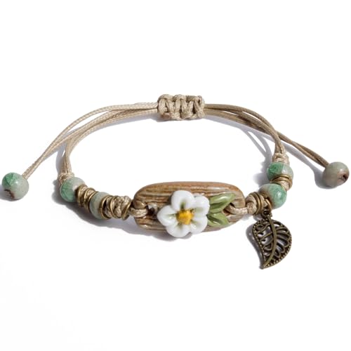 Handcrafted Bohemian Ceramic Flower Bracelet with Leaf Charm, Adjustable Beaded Bracelet for Women, Unique Handmade Jewelry Gift for Nature Lovers - style: Boho