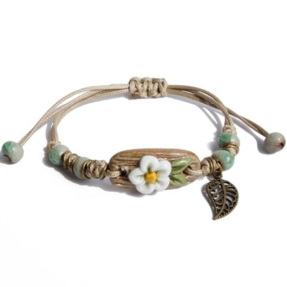 Handcrafted Bohemian Ceramic Flower Bracelet with Leaf Charm, Adjustable Beaded Bracelet for Women, Unique Handmade Jewelry Gift for Nature Lovers - style: Boho