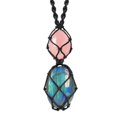 weryerker Natural Gemstone Pendant Necklace Healing Crystal Stone Pendant with Hand-Woven Rope Adjustable for Women Men - color: 1PC Labradorite+Rose Quartz