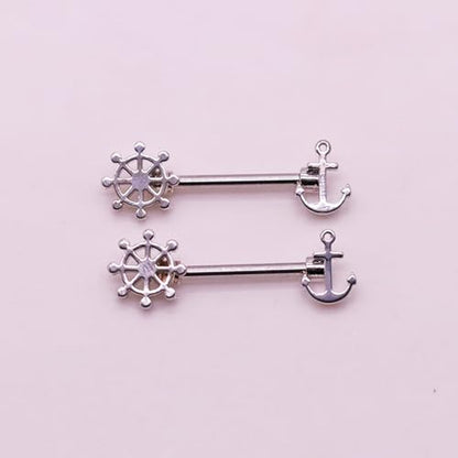14G Wrench Barbell Nipple Ring 316L Anchor and Rudder Nipple Barbell Screw Nipple Rings Body Piercing Jewelry for Women Men - color: Silver-Anchor and Rudder