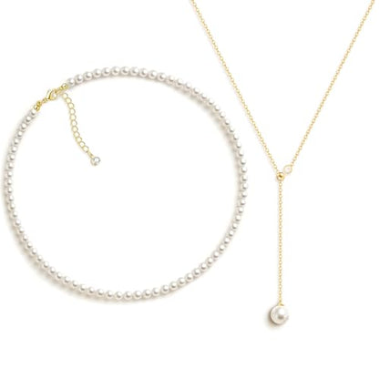 Zeffy Pearl Necklace 4MM/6MM/8MM Dainty Round Imitation Pearl Choker Necklace Wedding Pearl Necklace Delicate Jewelry for Women Simple Bridesmaid Jewelry Gifts - style: 4mm Gold Pearl Necklace & Pearl Y Necklace