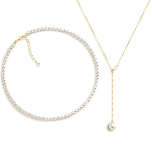 Zeffy Pearl Necklace 4MM/6MM/8MM Dainty Round Imitation Pearl Choker Necklace Wedding Pearl Necklace Delicate Jewelry for Women Simple Bridesmaid Jewelry Gifts - style: 4mm Gold Pearl Necklace & Pearl Y Necklace