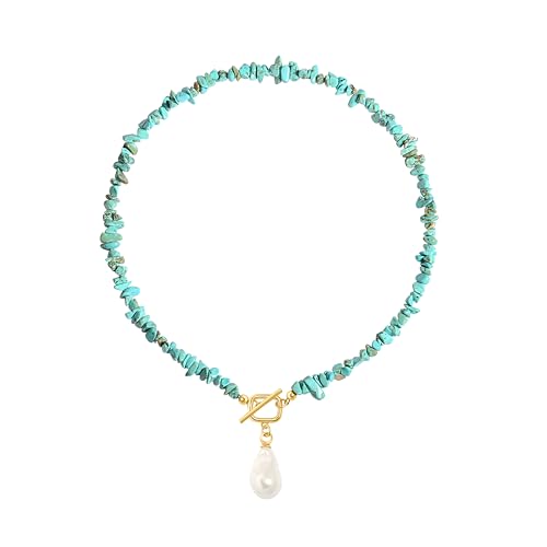 18k Gold Plated Chain Link Necklace for Women, Baroque Pearl/Compass Pendant Necklace - color: Turquoise Baroque small