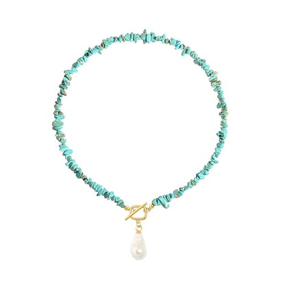 18k Gold Plated Chain Link Necklace for Women, Baroque Pearl/Compass Pendant Necklace - color: Turquoise Baroque small