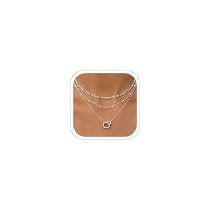 WomenGifts Layered Gold Necklaces for Women, 14K Gold Sterling Silver Plated Dainty Pendant Necklace Set Non Tarnish, Chunky Stackable Cuban Chain Choker, Trendy Birthstone Vacation Jewelry Gift - color: Silver, style: Double Circle