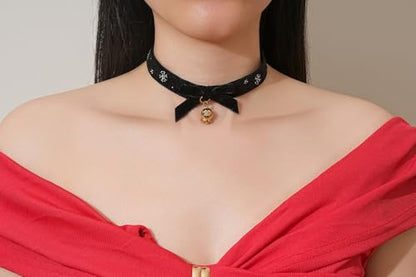 FOSIR Velvet Choker for Slender Neck, 14k Gold Plated Sainless Steel Heart/Snowman/Deer/Hat/Tree/Bell/Pendant Collar Necklace for Women, Adjustable Soft Skin-Friendly Velvet Jewelry Gifts - color: Black Choker- Bell