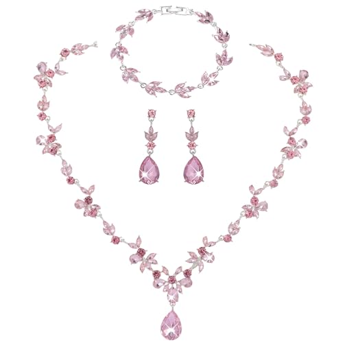 Kamirola Bridal Jewelry Set, Jewelry Set for Women, Necklace Dangle Earrings Bracelet Set, White Gold Plated (TR76) - color: Silver Pink