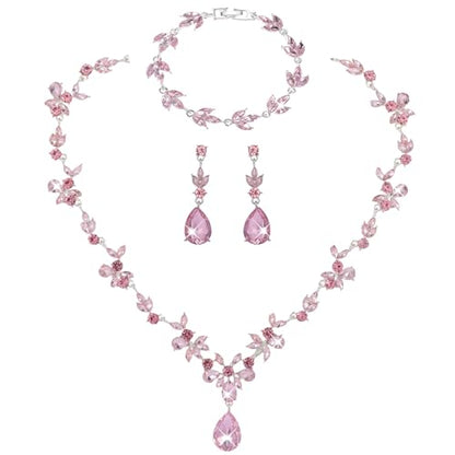 Kamirola Bridal Jewelry Set, Jewelry Set for Women, Necklace Dangle Earrings Bracelet Set, White Gold Plated (TR76) - color: Silver Pink